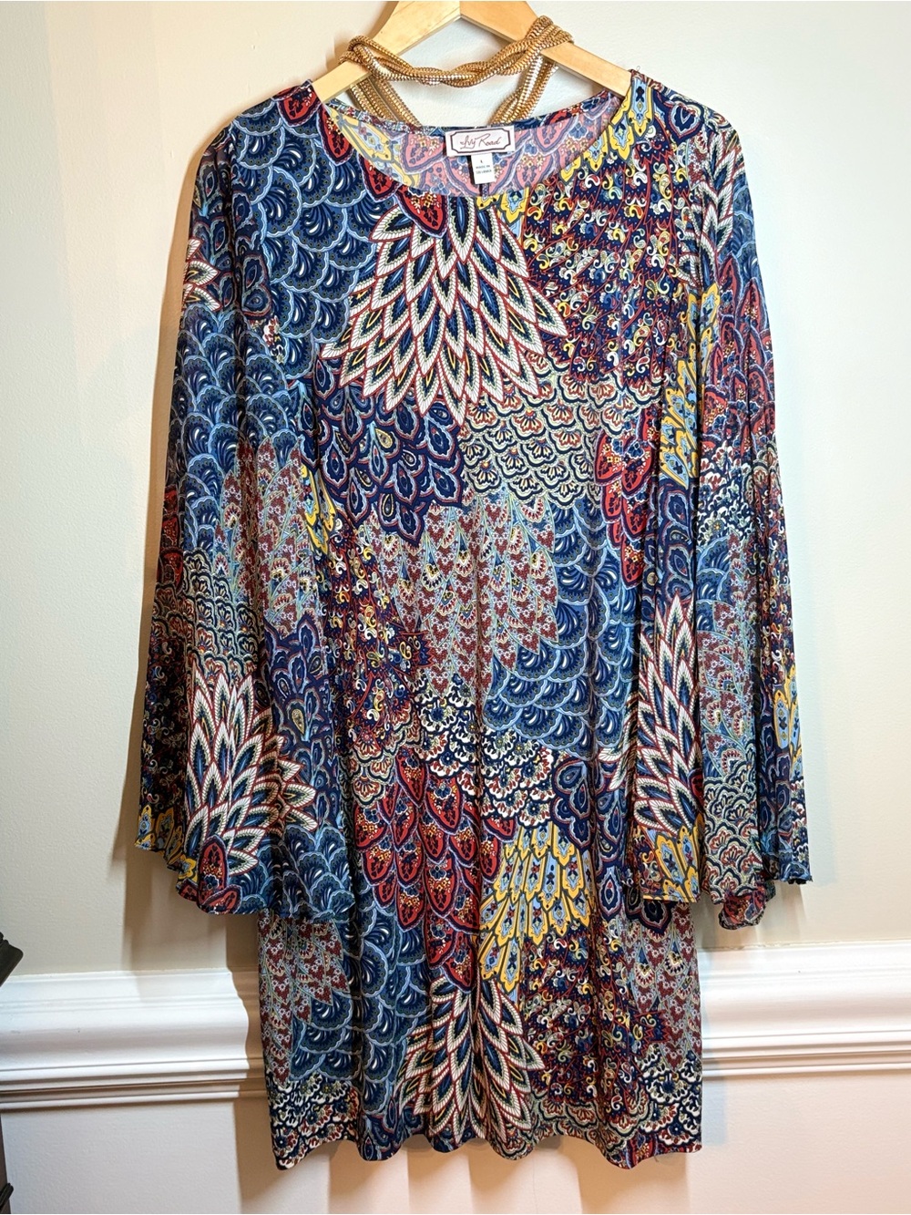 Paisley Feathers Butterfly Wing Sleeve Shift Dress L